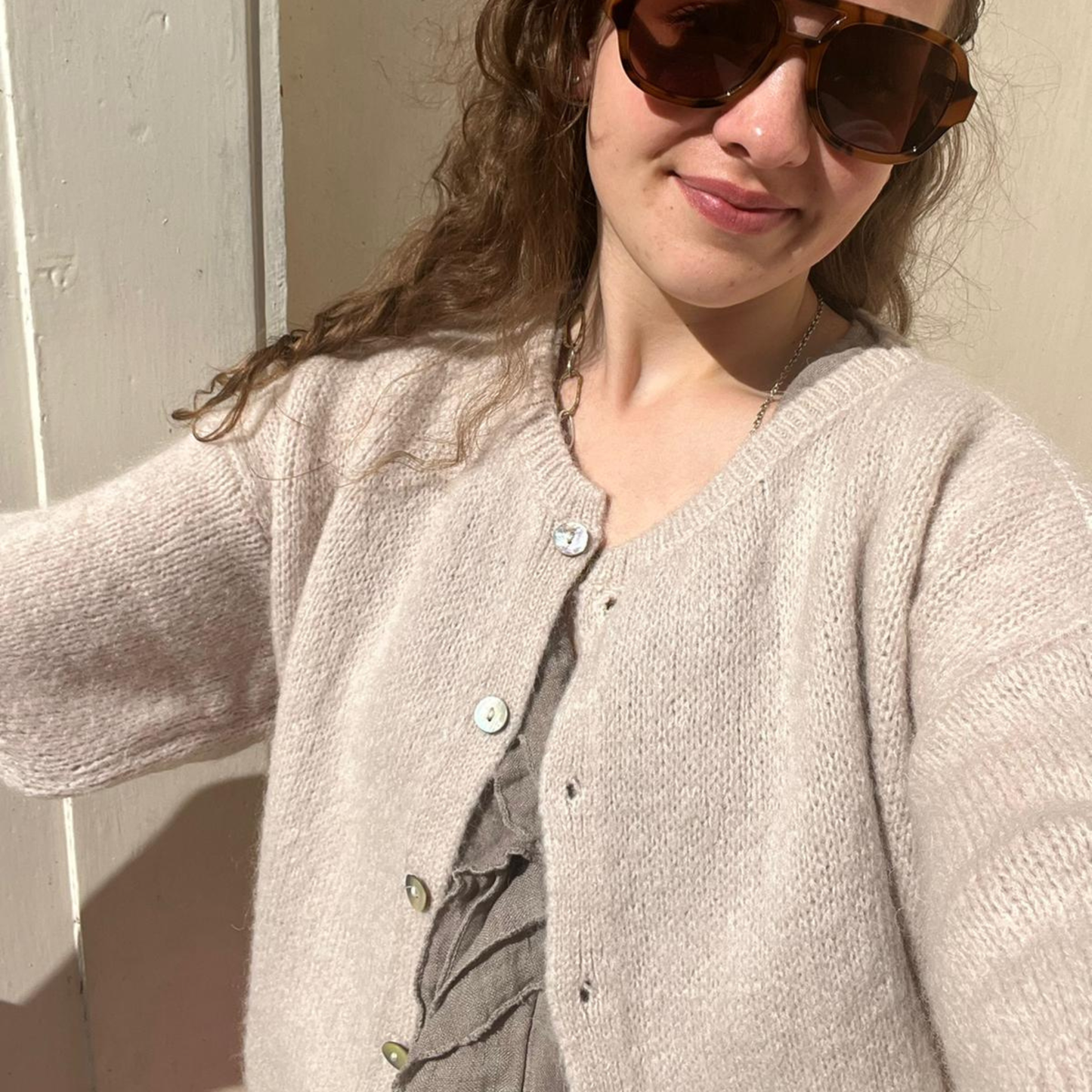 Mohair Blend Cropped Sleeve Cardigan - Stone