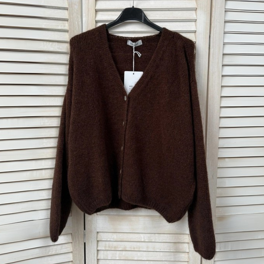 Mohair Blend V Neck Cardigan - Chocolate Brown