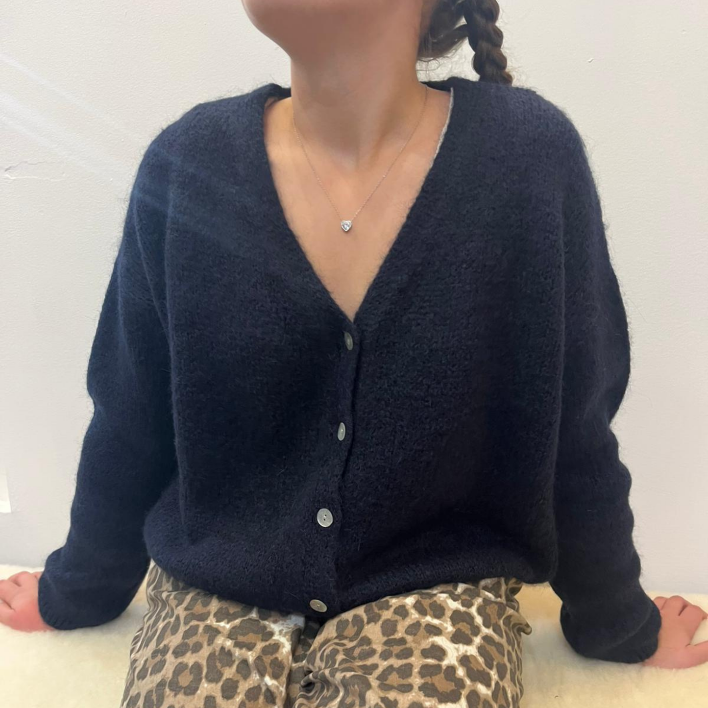 Mohair Blend V Neck Cardigan - Navy Blue