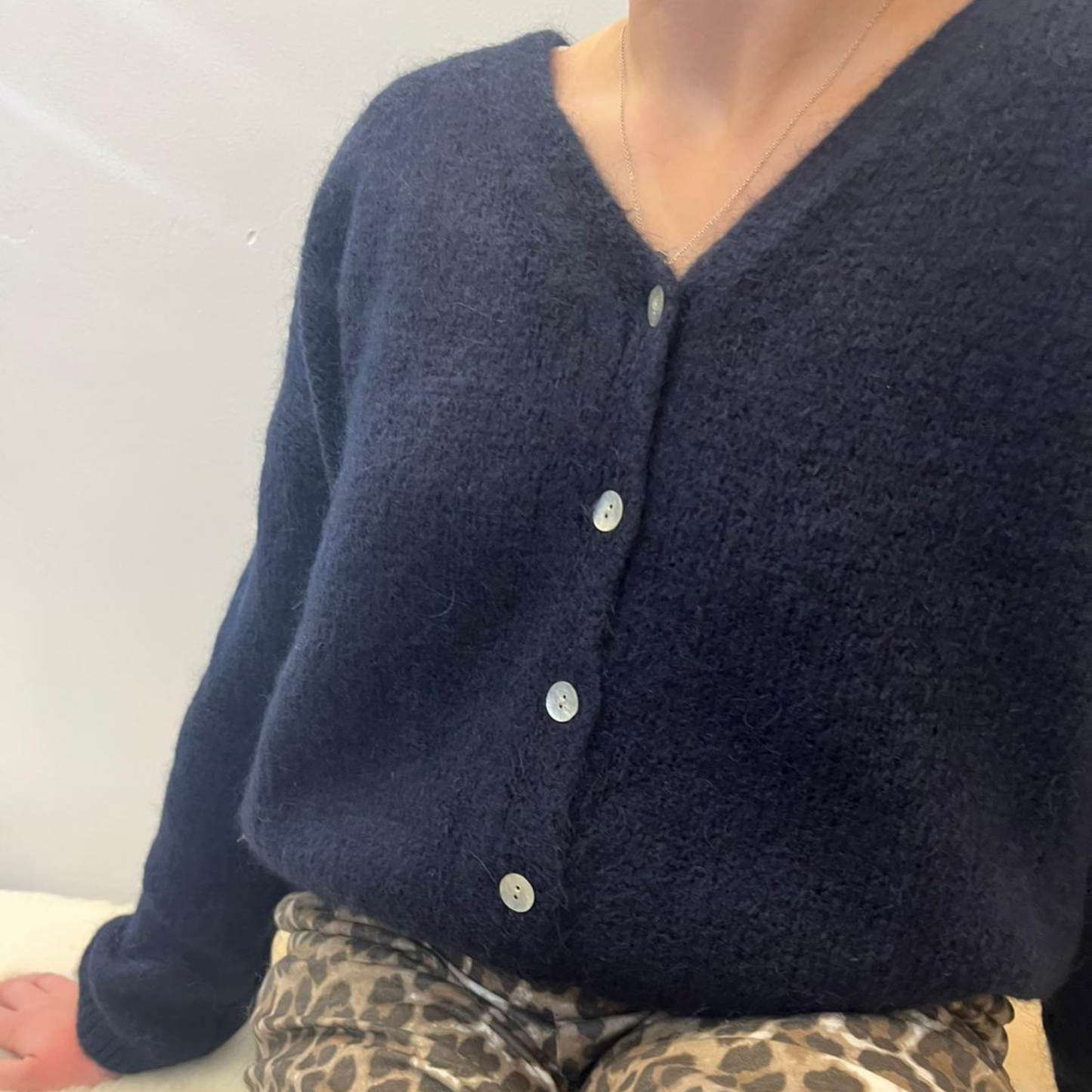 Mohair Blend V Neck Cardigan - Navy Blue