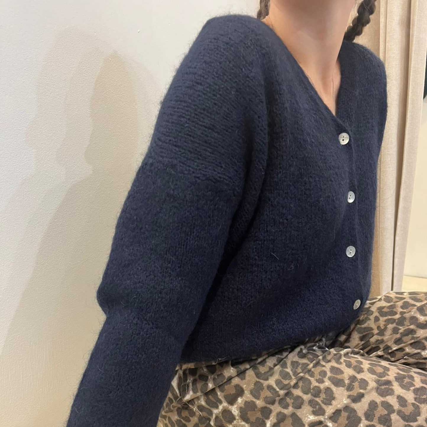 Mohair Blend V Neck Cardigan - Navy Blue