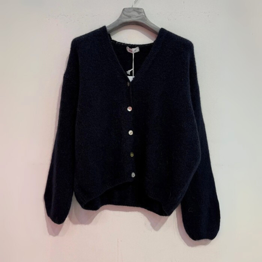 Mohair Blend V Neck Cardigan - Navy Blue