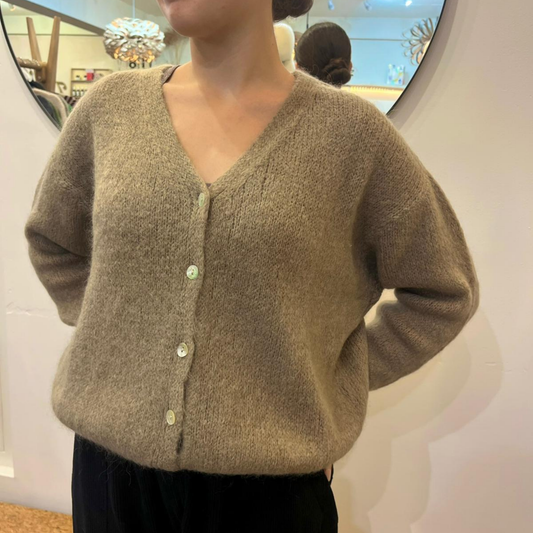 Mohair Blend V Neck Cardigan - Taupe