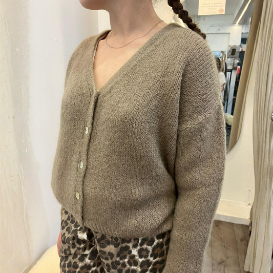 Mohair Blend V Neck Cardigan - Taupe