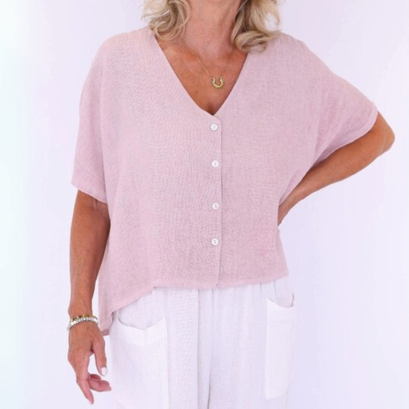Linen and Cotton Blend Short Sleeve Cardigan - Pale Pink