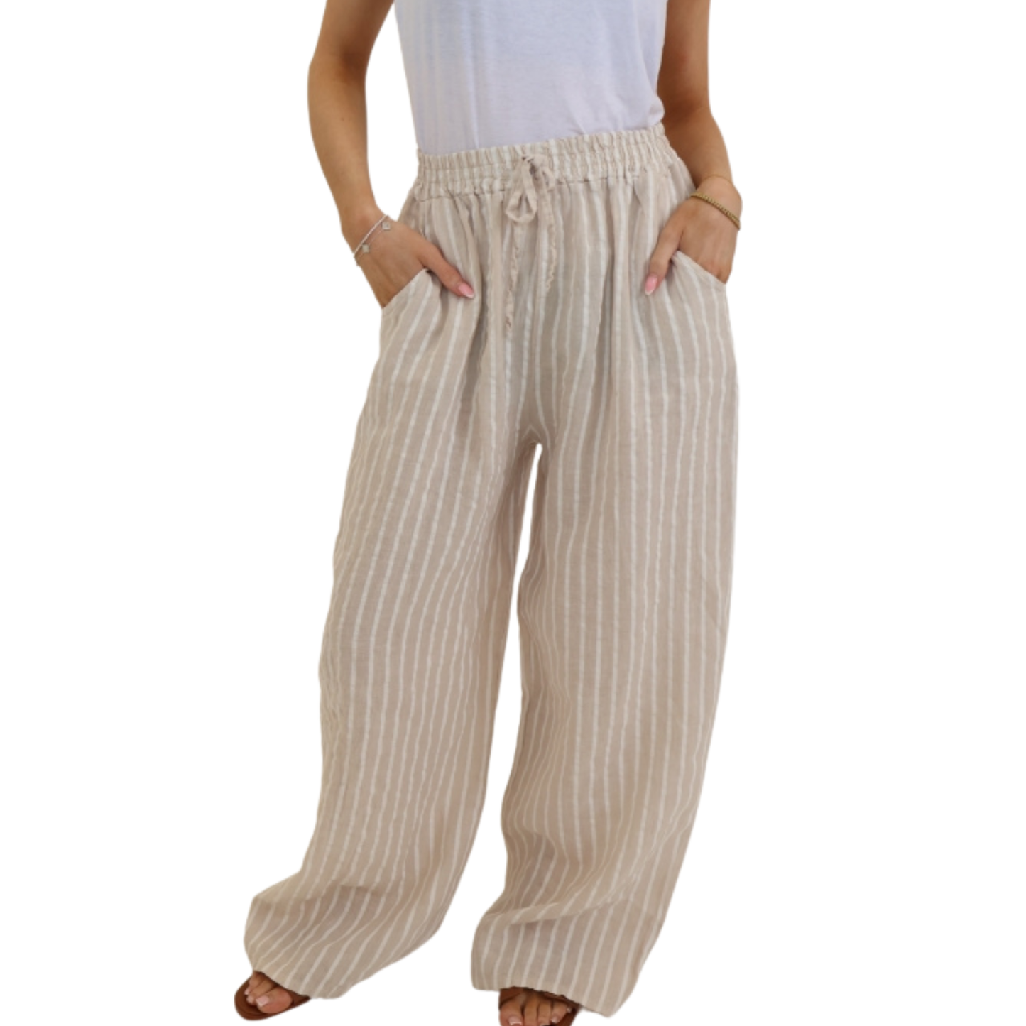 Linen Wide Leg Trousers - Stone & White Pinstripe