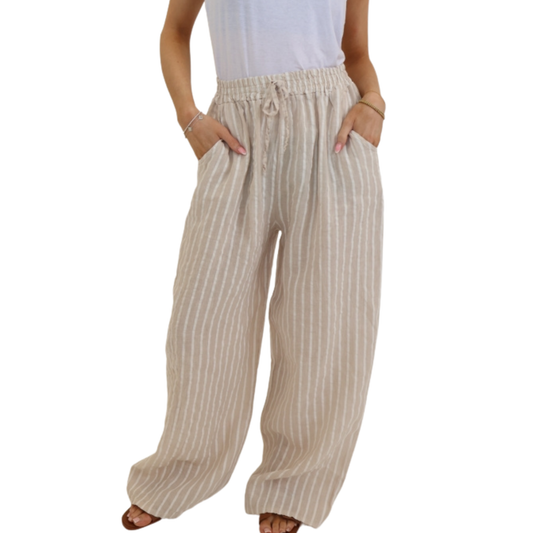 Linen Wide Leg Trousers - Stone & White Pinstripe