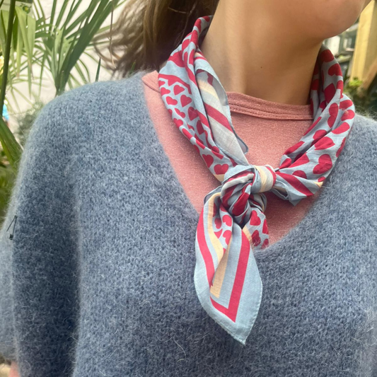 Silk and Cotton Scarf - Light Blue Hearts