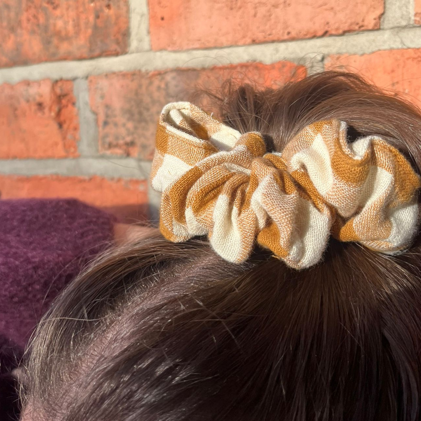 Hair Scrunchie - Caramel Gingham Check