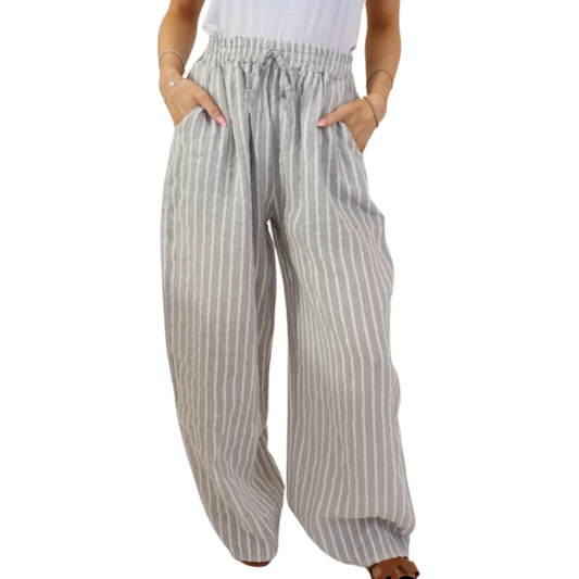 Linen Wide Leg Trousers - Silver & White Pinstripe