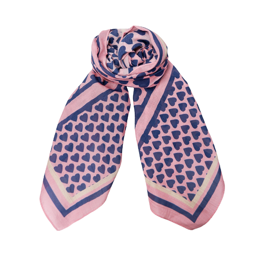 Silk and Cotton Scarf - Pink and Navy Hearts