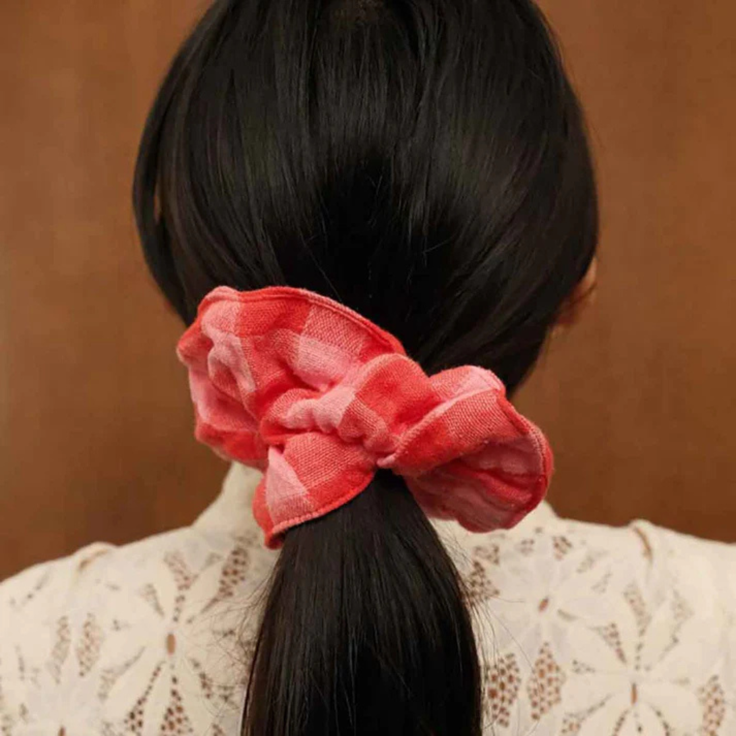 Hair Scrunchie - Red and Pink Gingham Check