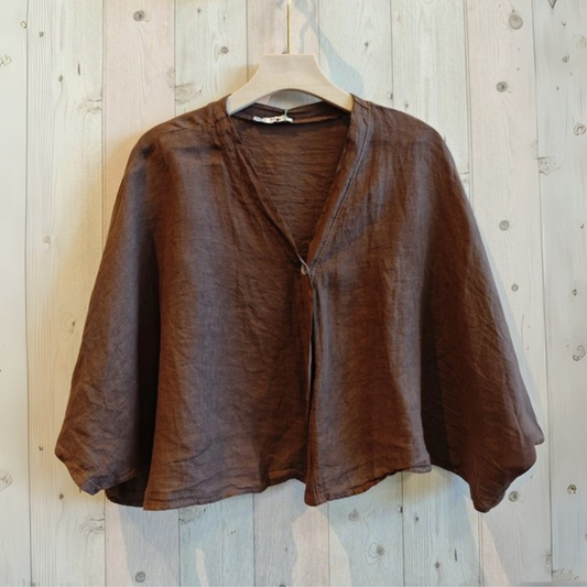 Linen Short Sleeve Button Blouse - Brown