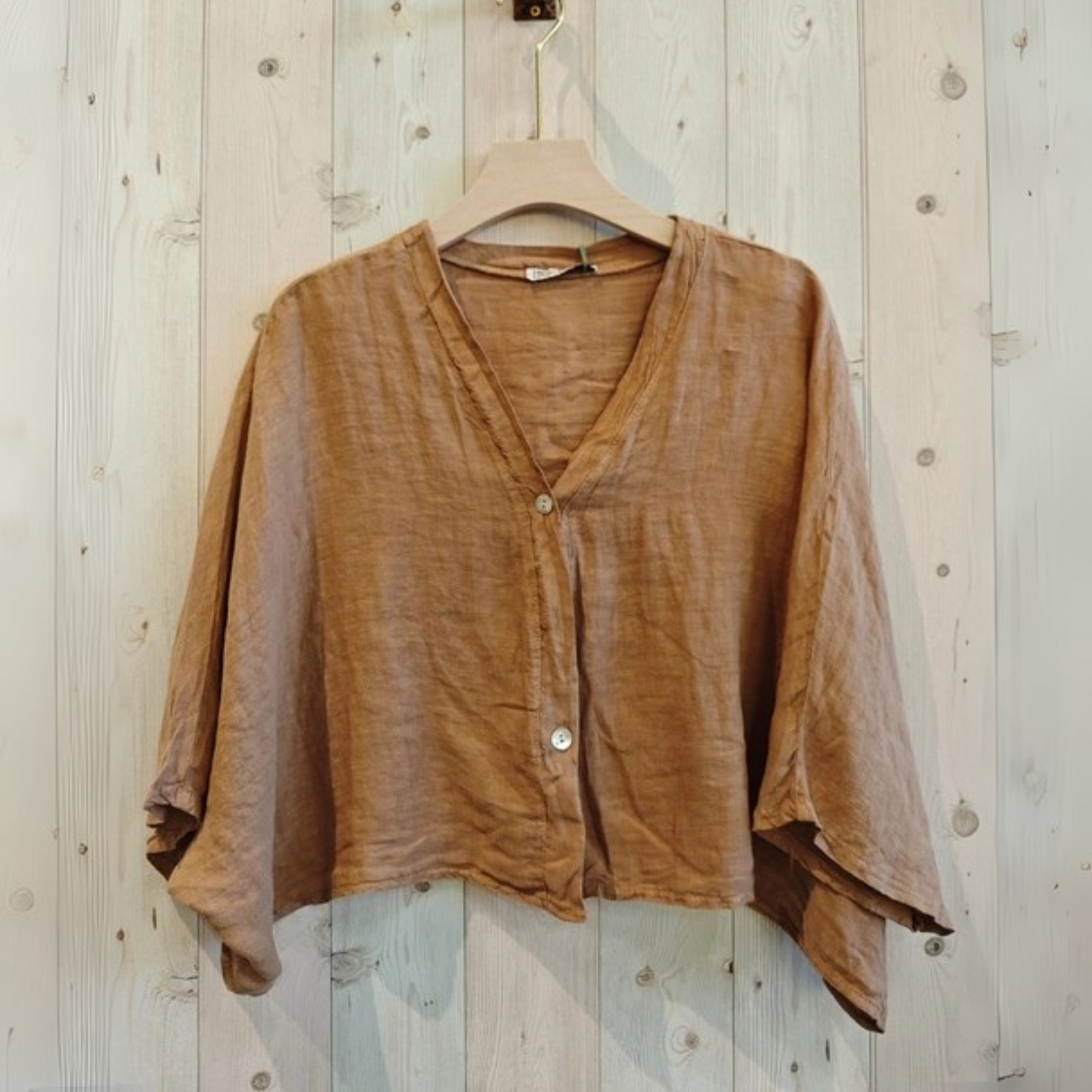 Linen Short Sleeve Button Blouse - Tan Brown