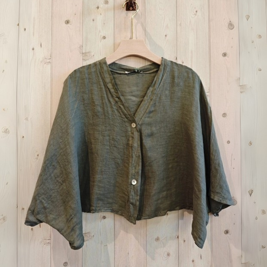 Linen Short Sleeve Button Blouse - Khaki Green