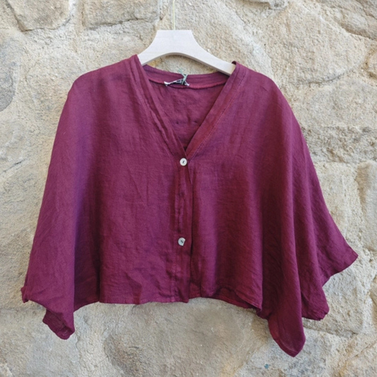 Linen Short Sleeve Button Blouse - Burgundy