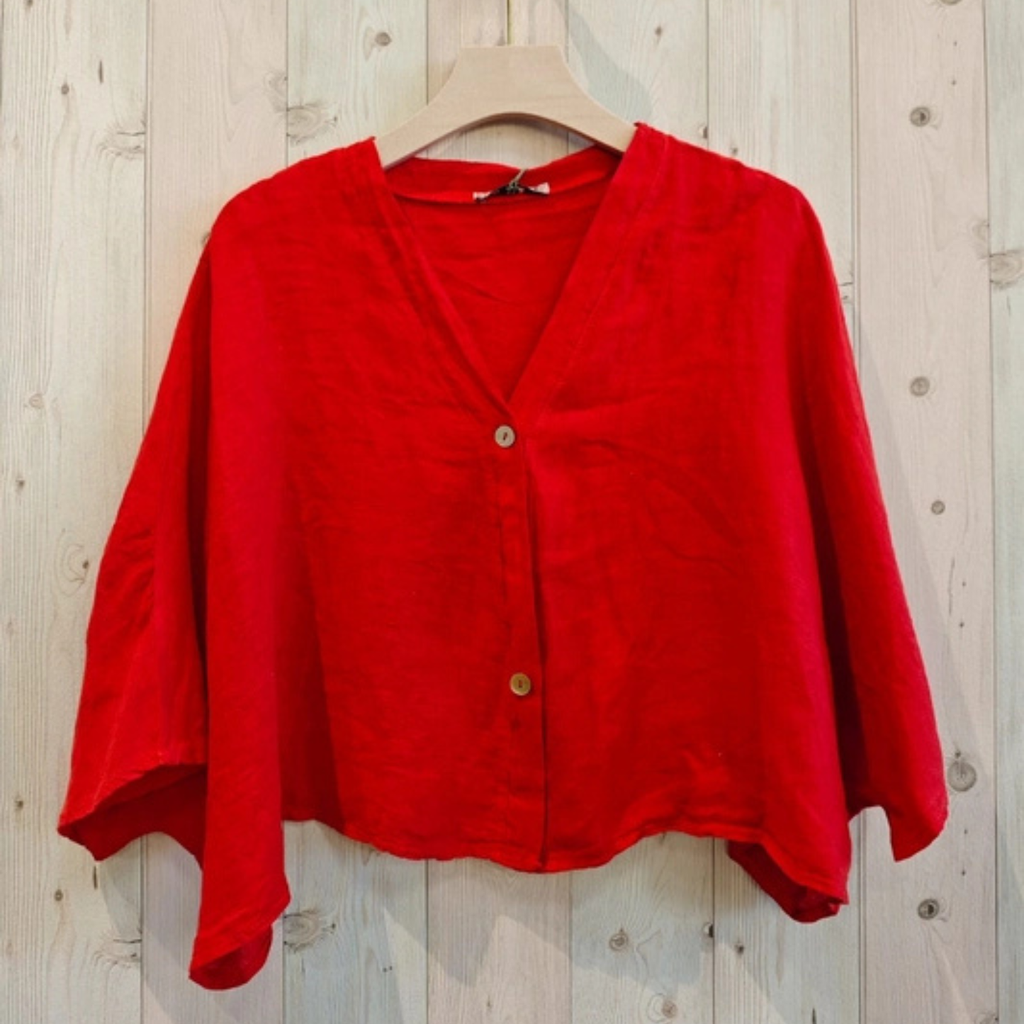 Linen Short Sleeve Button Blouse - Red