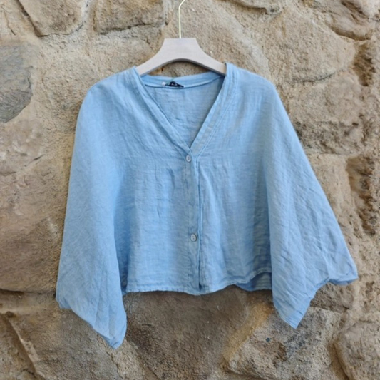 Linen Short Sleeve Button Blouse - Sky Blue