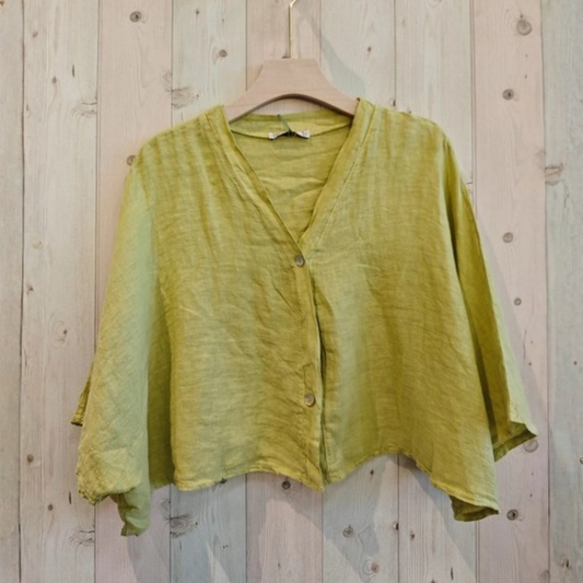 Linen Short Sleeve Button Blouse - Pistachio Green