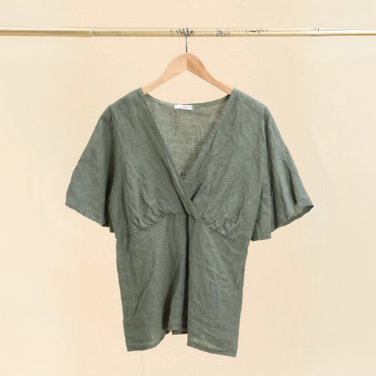 NAÏS Short Sleeve Wrap Linen Blouse - Khaki Green