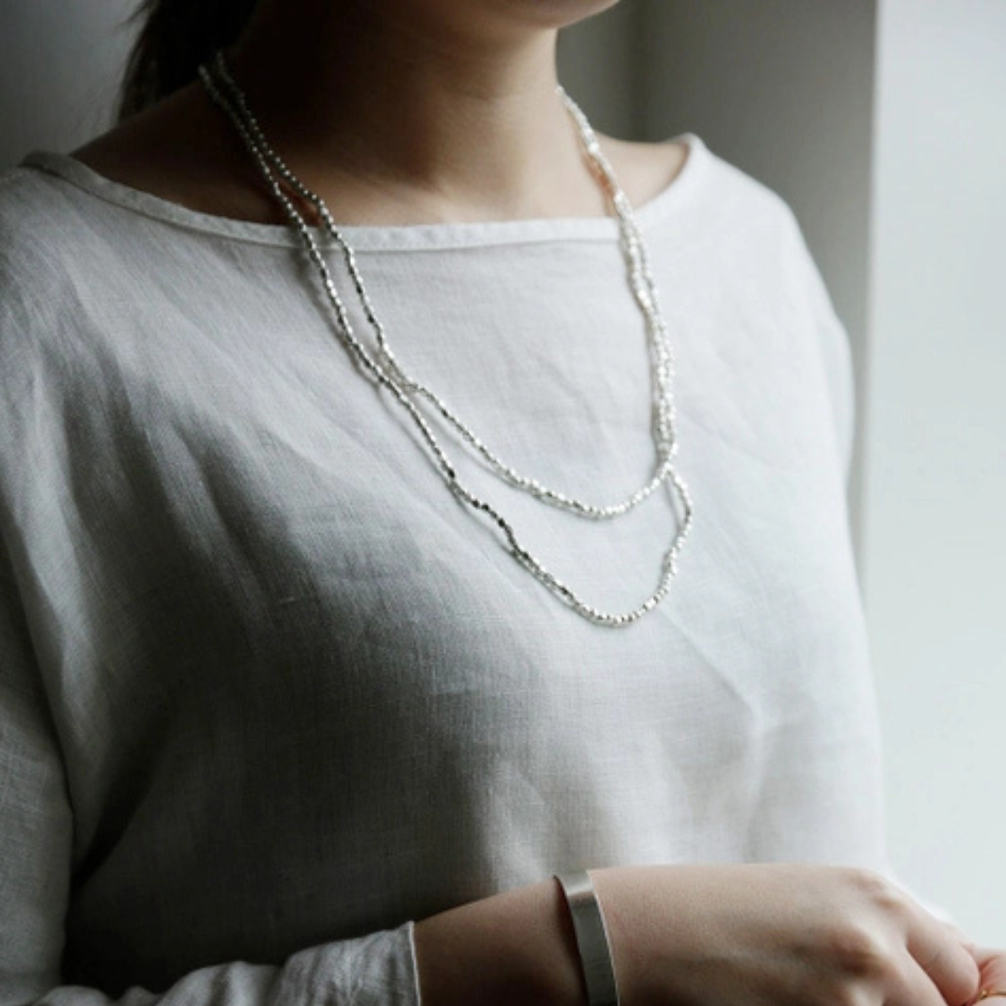 Japanese Brass Beaded Necklace - Silver