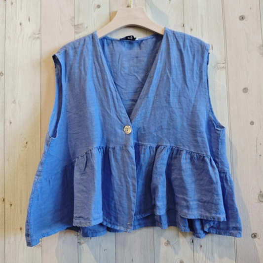 Linen Sleeveless Top with Frill - Blue