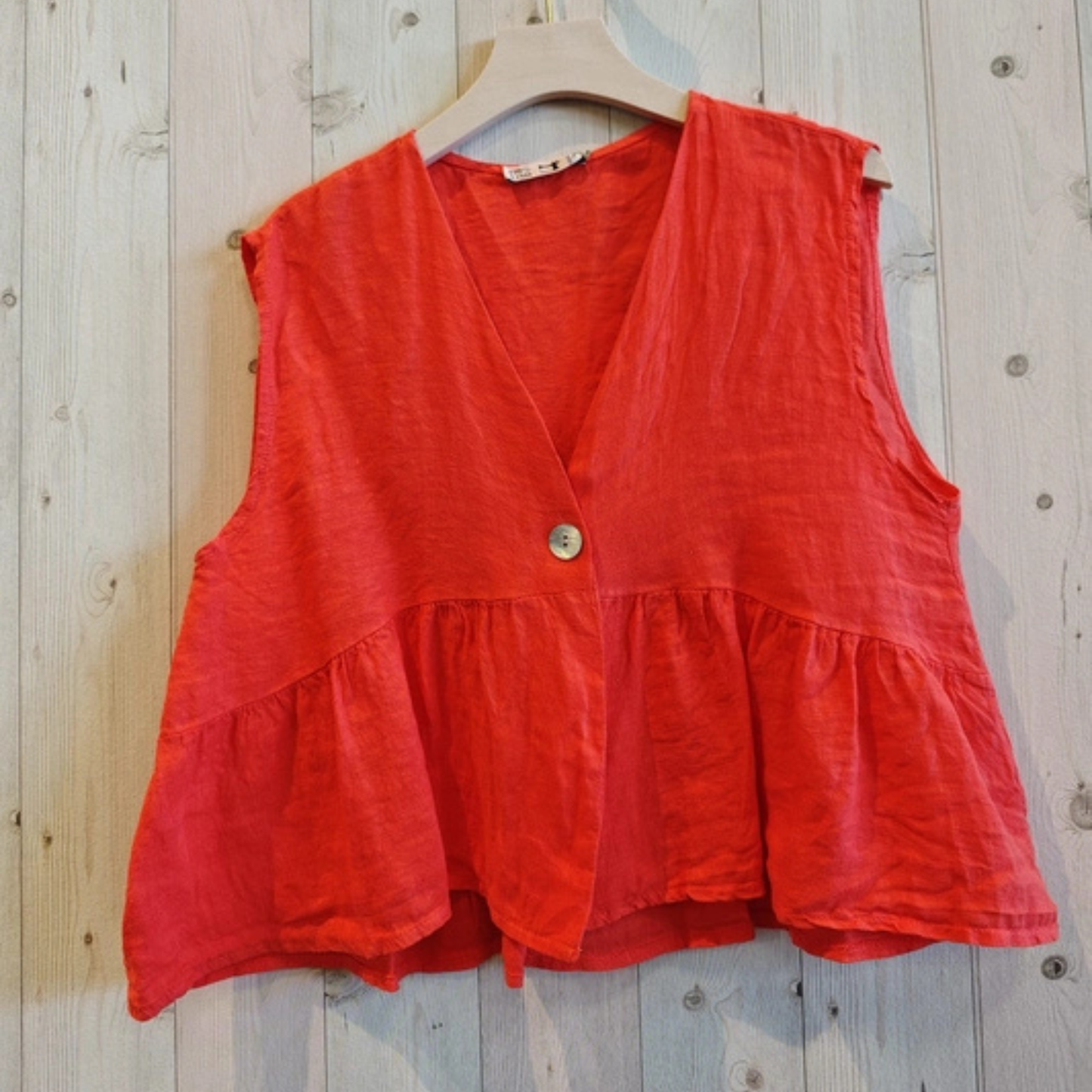 Linen Sleeveless Top with Frill - Coral