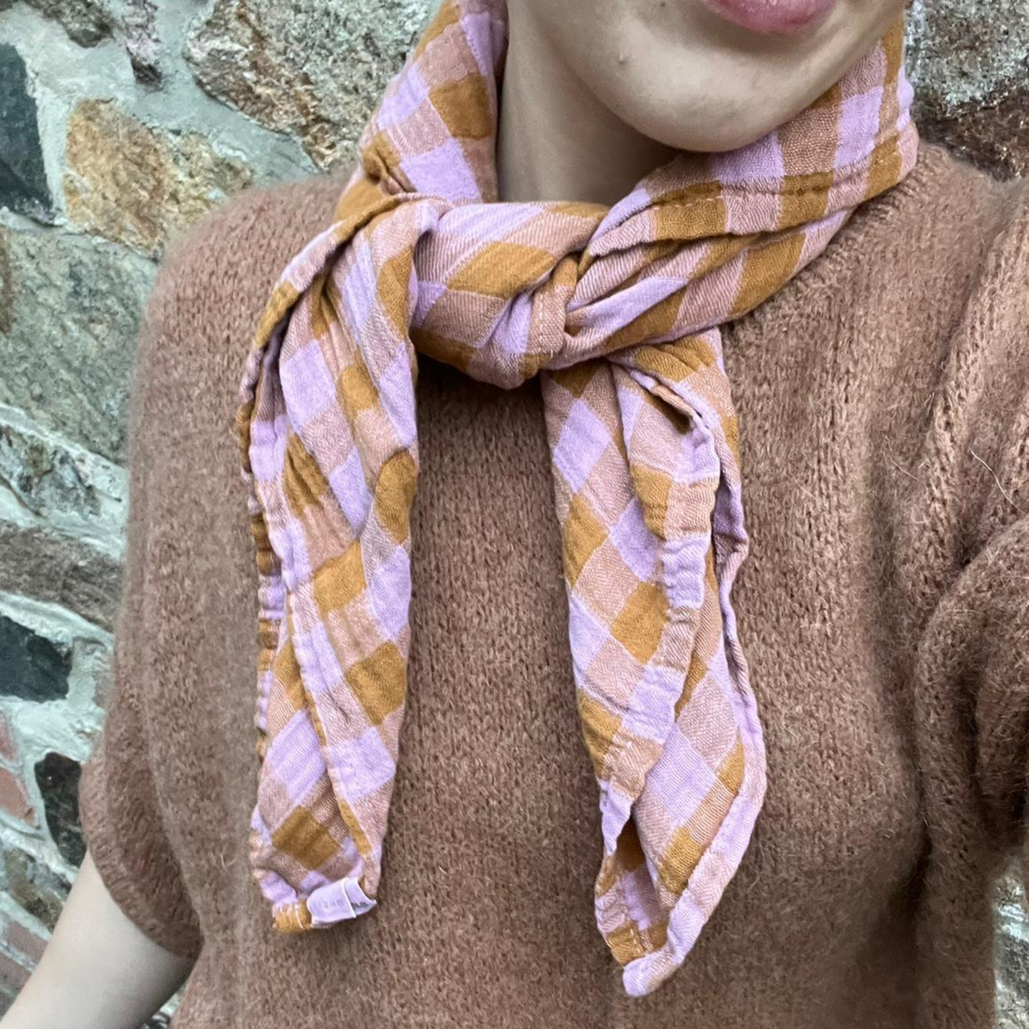 Square Scarf - Lilac and Caramel Gingham Check