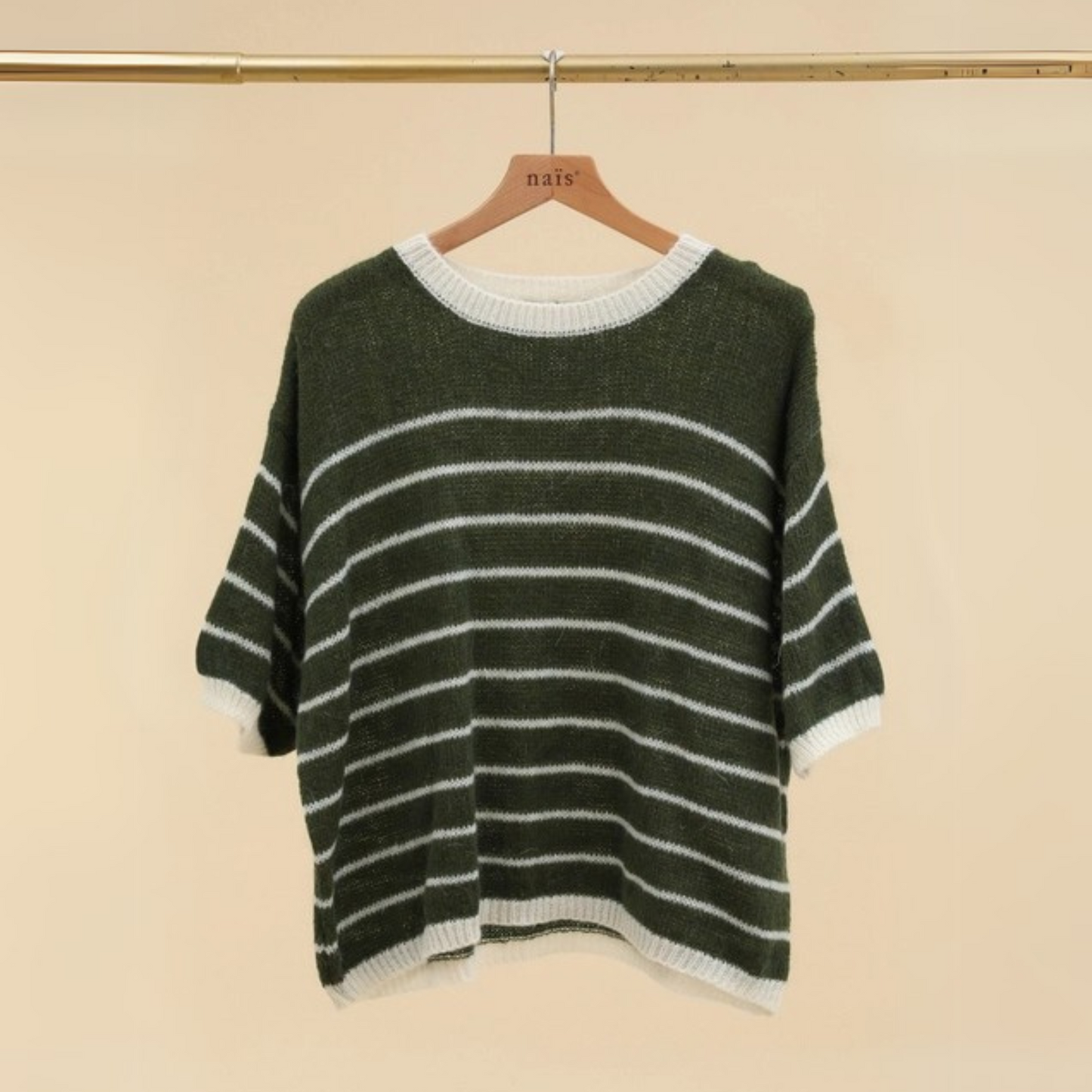 NAÏS Mohair Blend Short Sleeve Jumper - Khaki Stripe