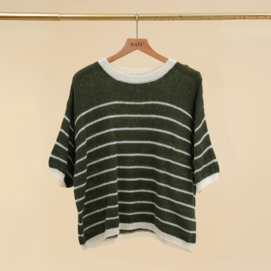 NAÏS Mohair Blend Short Sleeve Jumper - Khaki Stripe