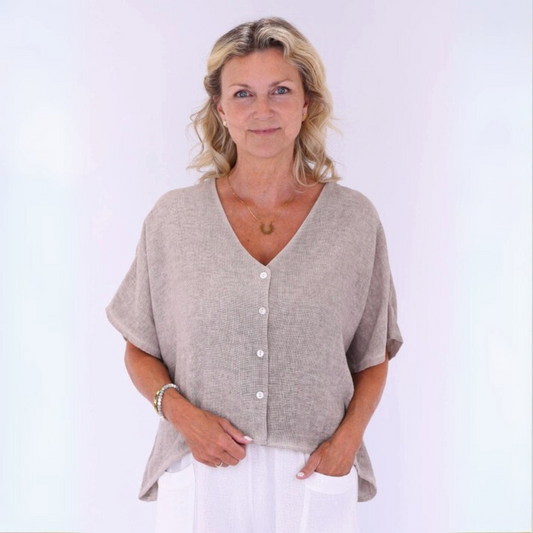 Linen and Cotton Blend Short Sleeve Cardigan - Truffle
