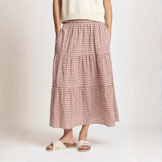 Tiered Gingham Check Skirt - Dusty Rose