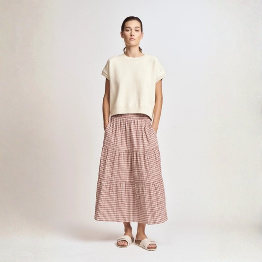 Tiered Gingham Check Skirt - Dusty Rose