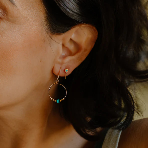 Gold Hoop Beaded Earrings - Turquoise