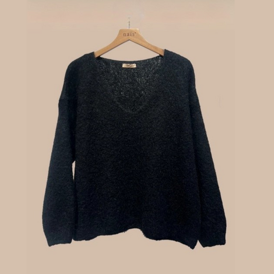 Mohair Blend V Neck Jumper - Black