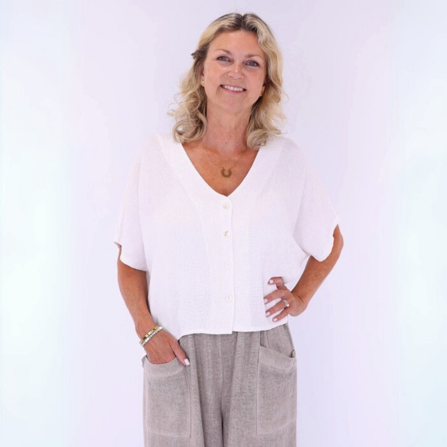 Linen and Cotton Blend Short Sleeve Cardigan - White