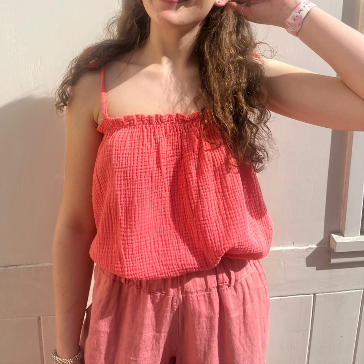 Waffle Cotton Cropped Tie Top - Coral