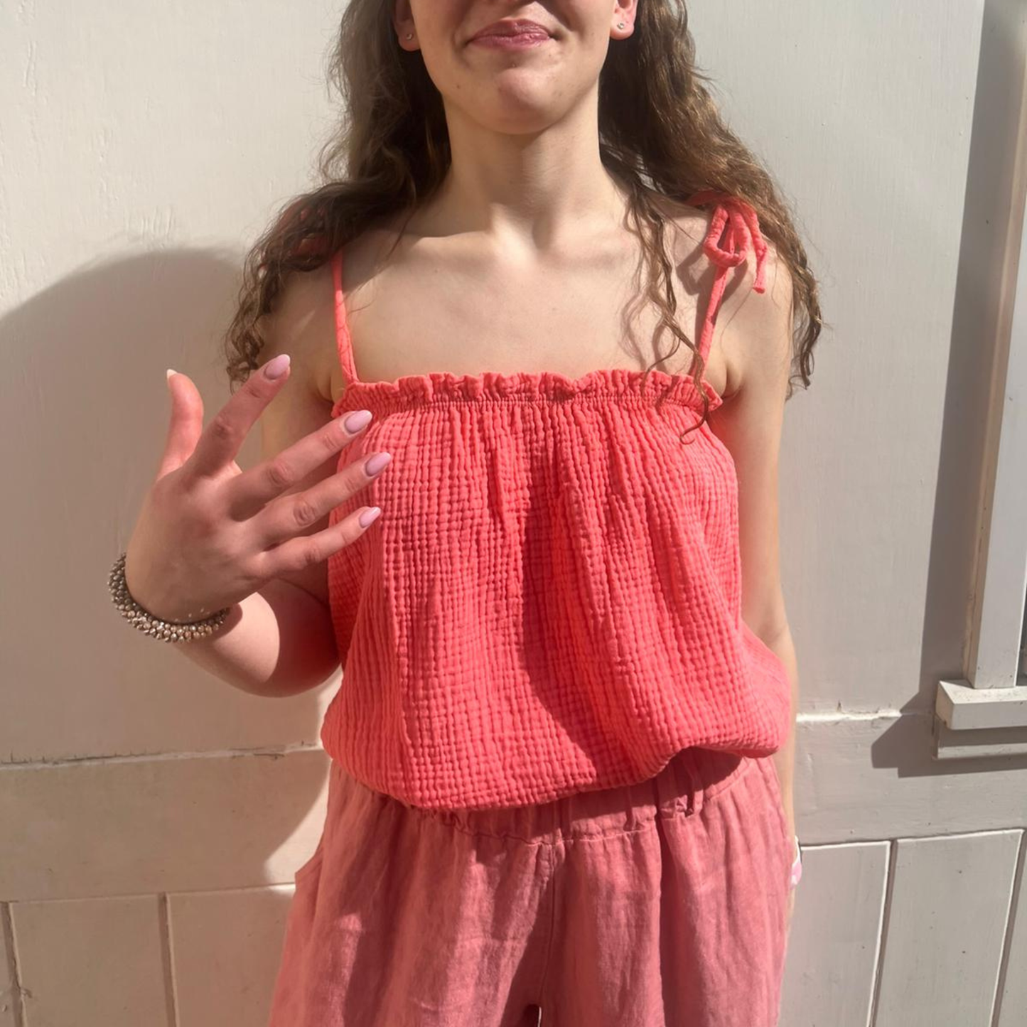 Waffle Cotton Cropped Tie Top - Coral