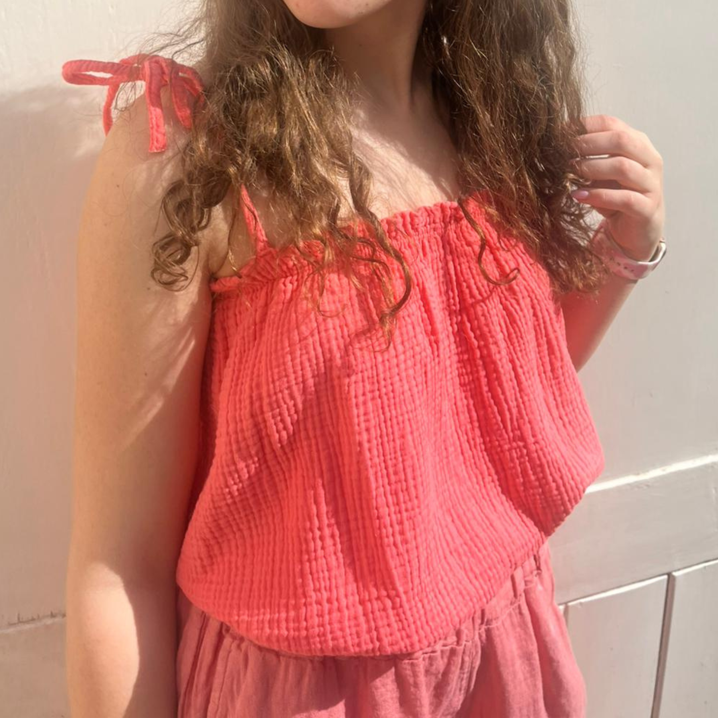 Waffle Cotton Cropped Tie Top - Coral
