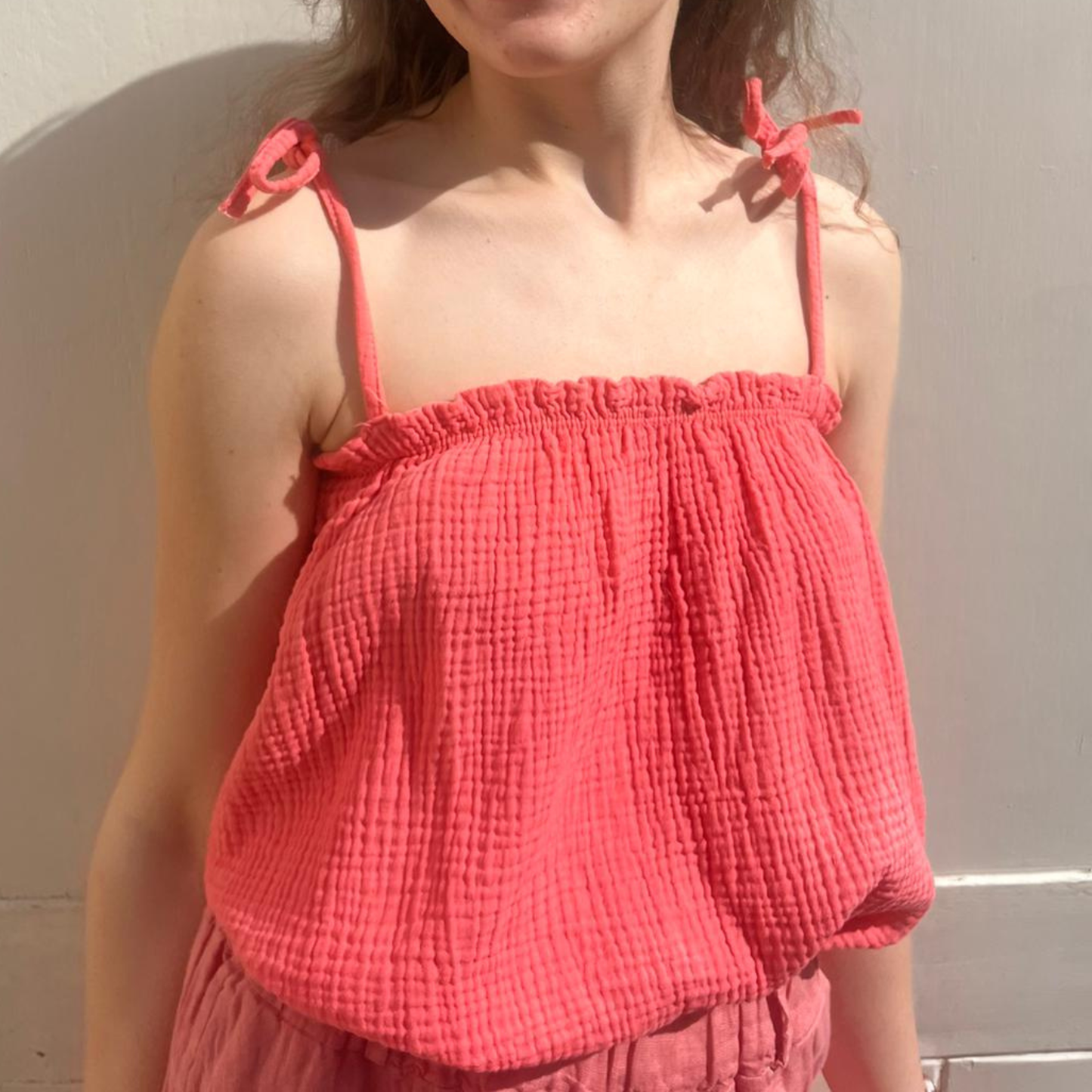 Waffle Cotton Cropped Tie Top - Coral