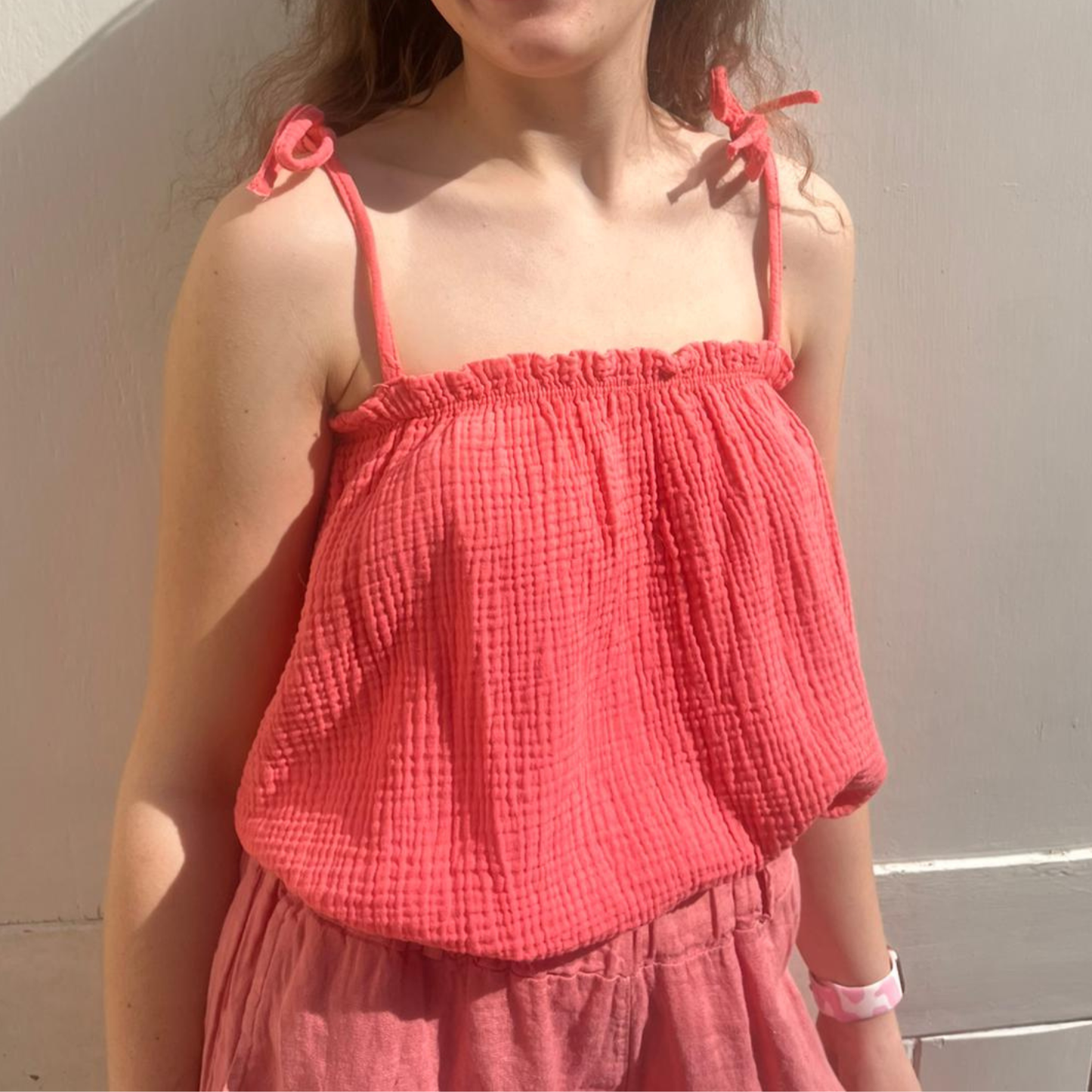 Waffle Cotton Cropped Tie Top - Coral