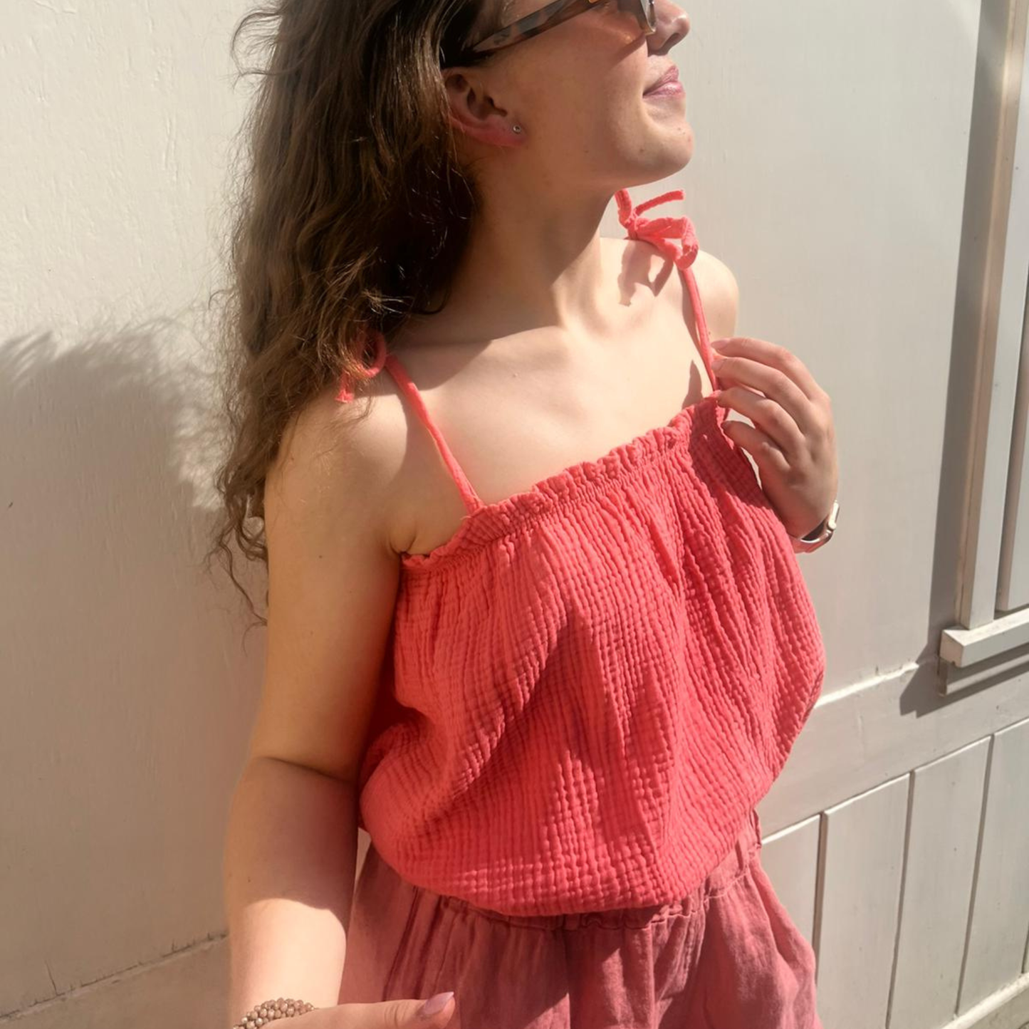 Waffle Cotton Cropped Tie Top - Coral