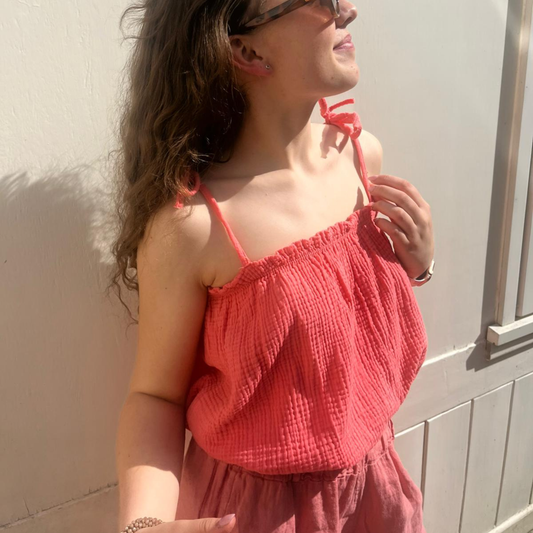 Waffle Cotton Cropped Tie Top - Coral