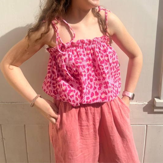 Waffle Cotton Cropped Tie Top - Pink Leopard