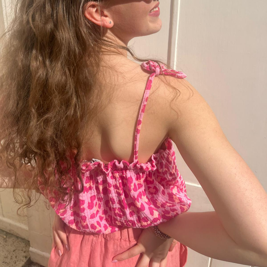 Waffle Cotton Cropped Tie Top - Pink Leopard