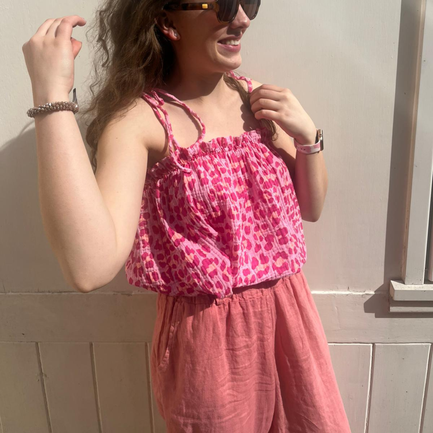 Waffle Cotton Cropped Tie Top - Pink Leopard