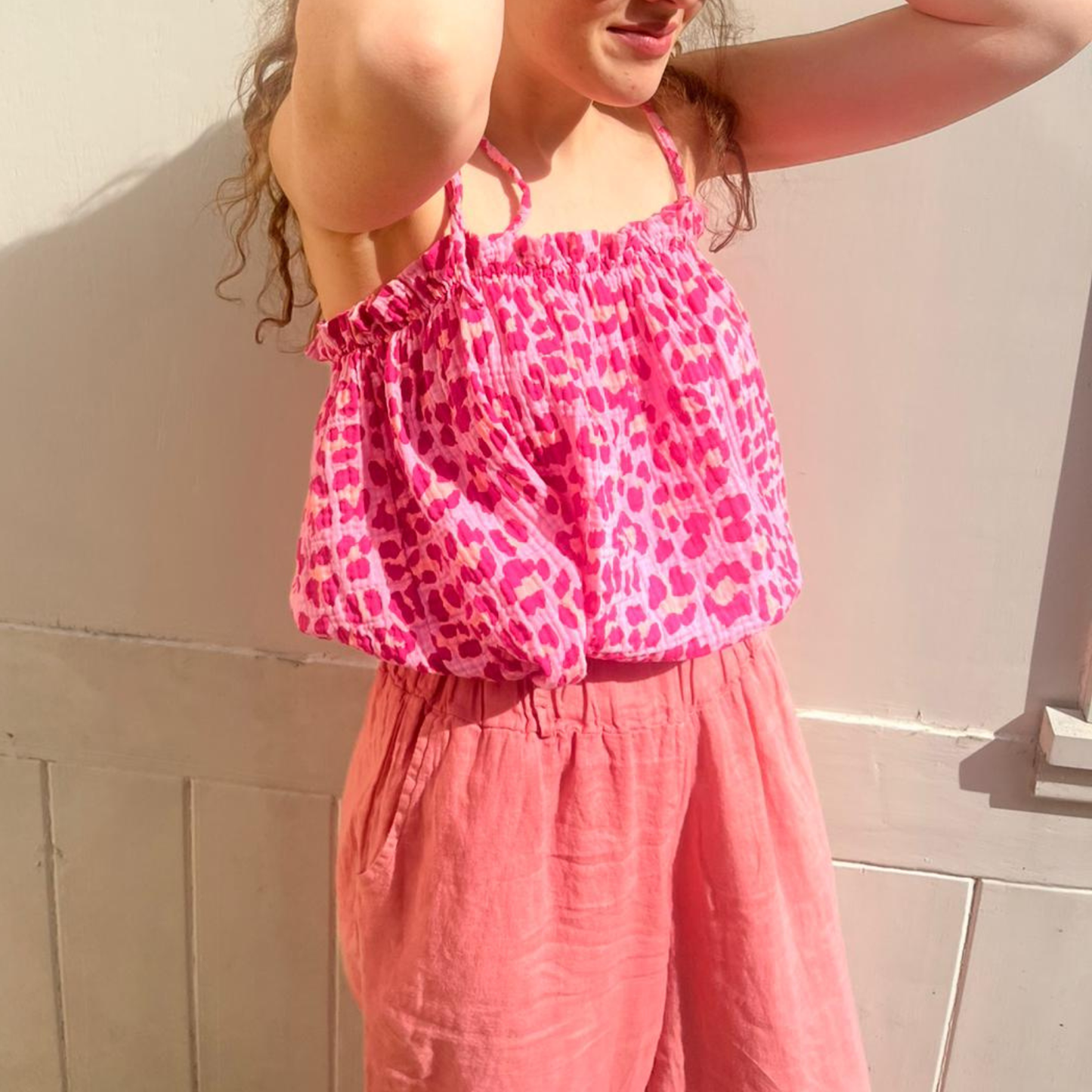 Waffle Cotton Cropped Tie Top - Pink Leopard