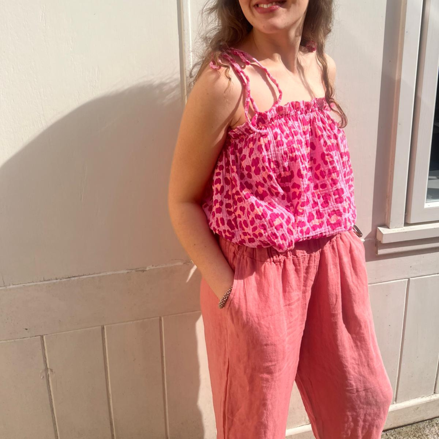 Waffle Cotton Cropped Tie Top - Pink Leopard