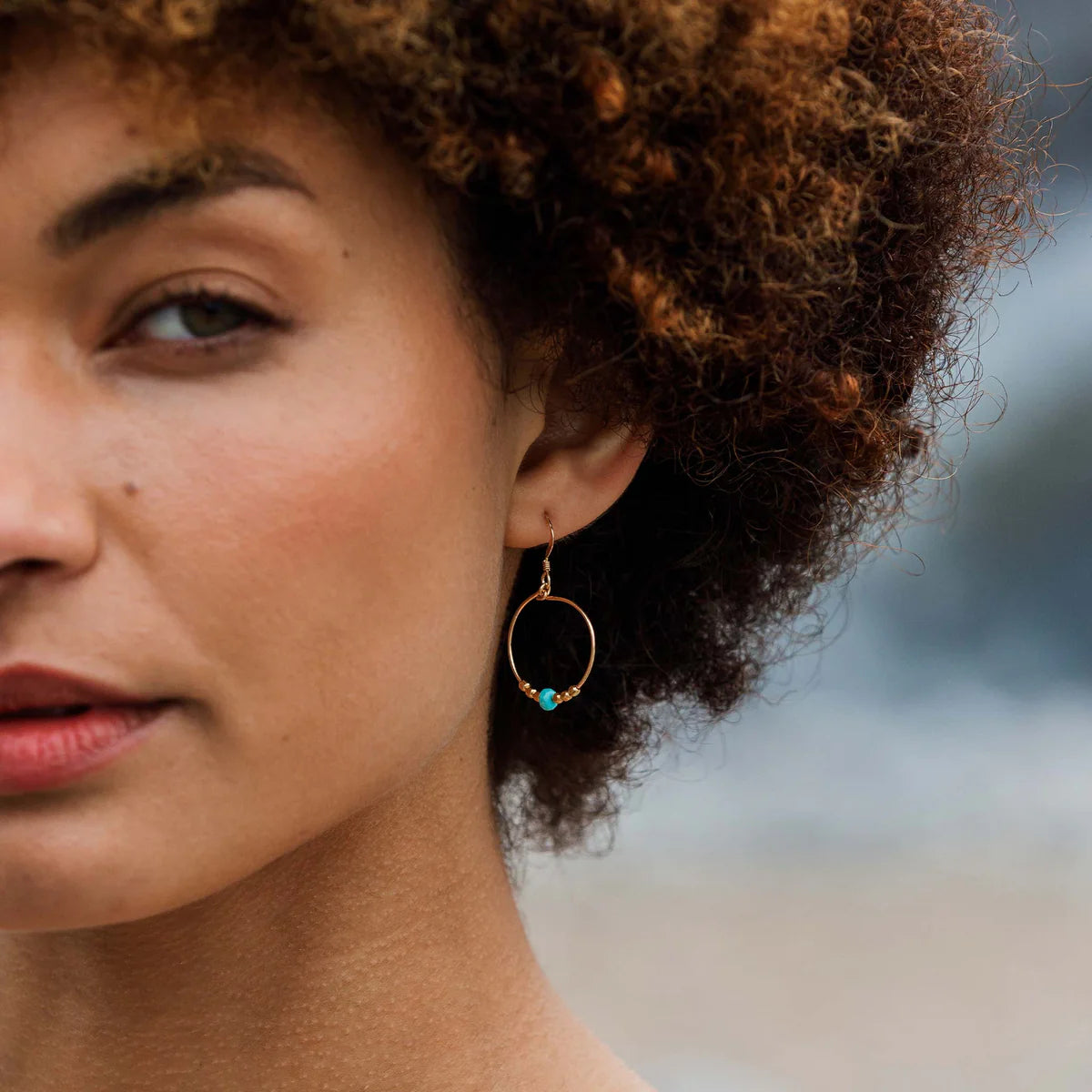 Gold Hoop Beaded Earrings - Turquoise