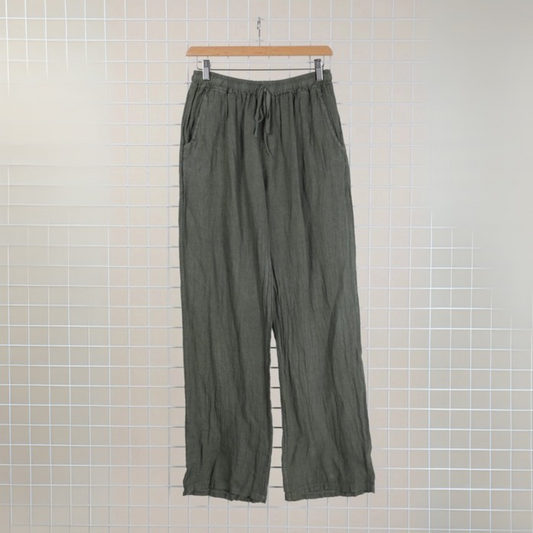 Linen Wide Leg Trousers - Khaki